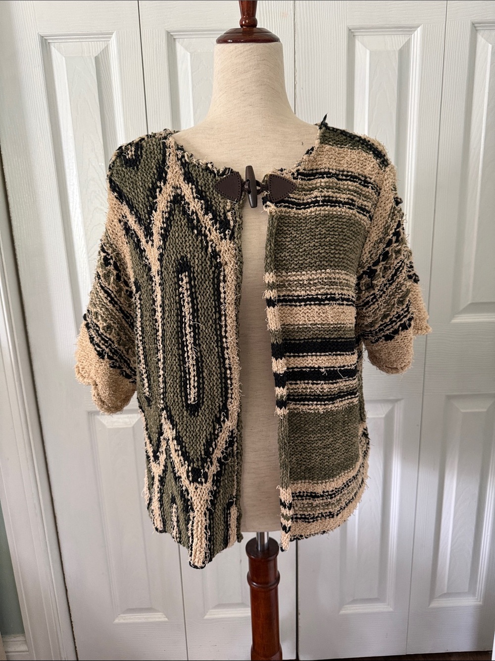 Free People Olive, Cream & Black Short Sleeve Toggle Cardigan Sz S